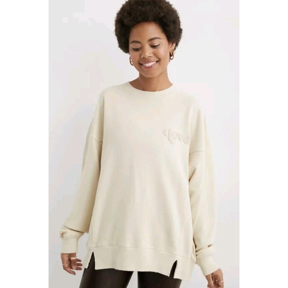 Aerie The Chill Crew Oversized Relaxed Knit Sweatshirt Cream XS Distressed Boho